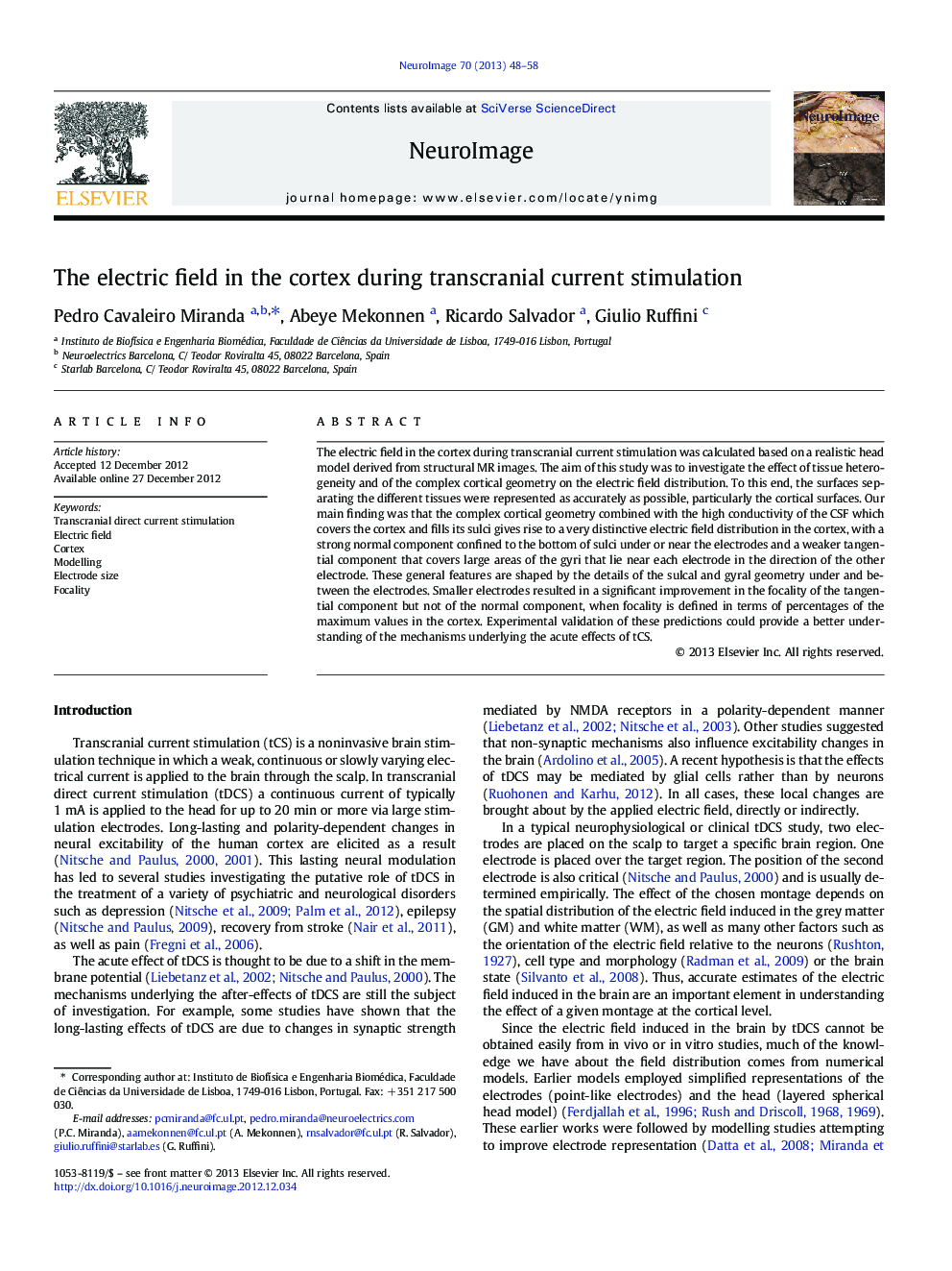 The electric field in the cortex during transcranial current stimulation