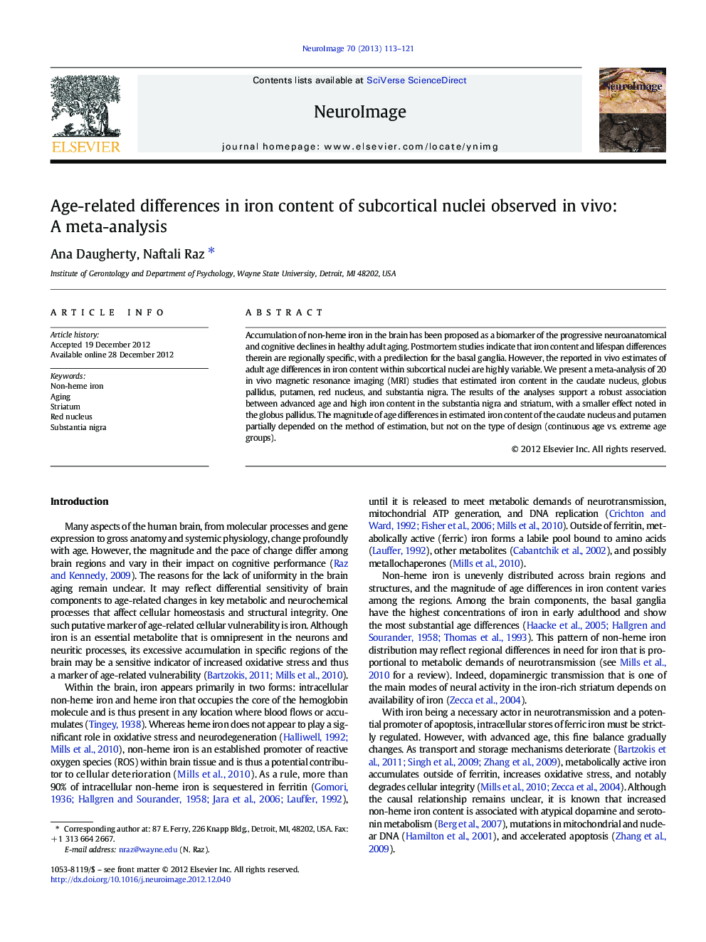 Age-related differences in iron content of subcortical nuclei observed in vivo: A meta-analysis