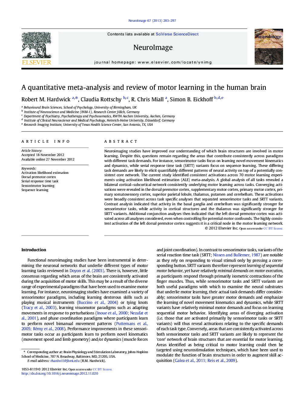 A quantitative meta-analysis and review of motor learning in the human brain