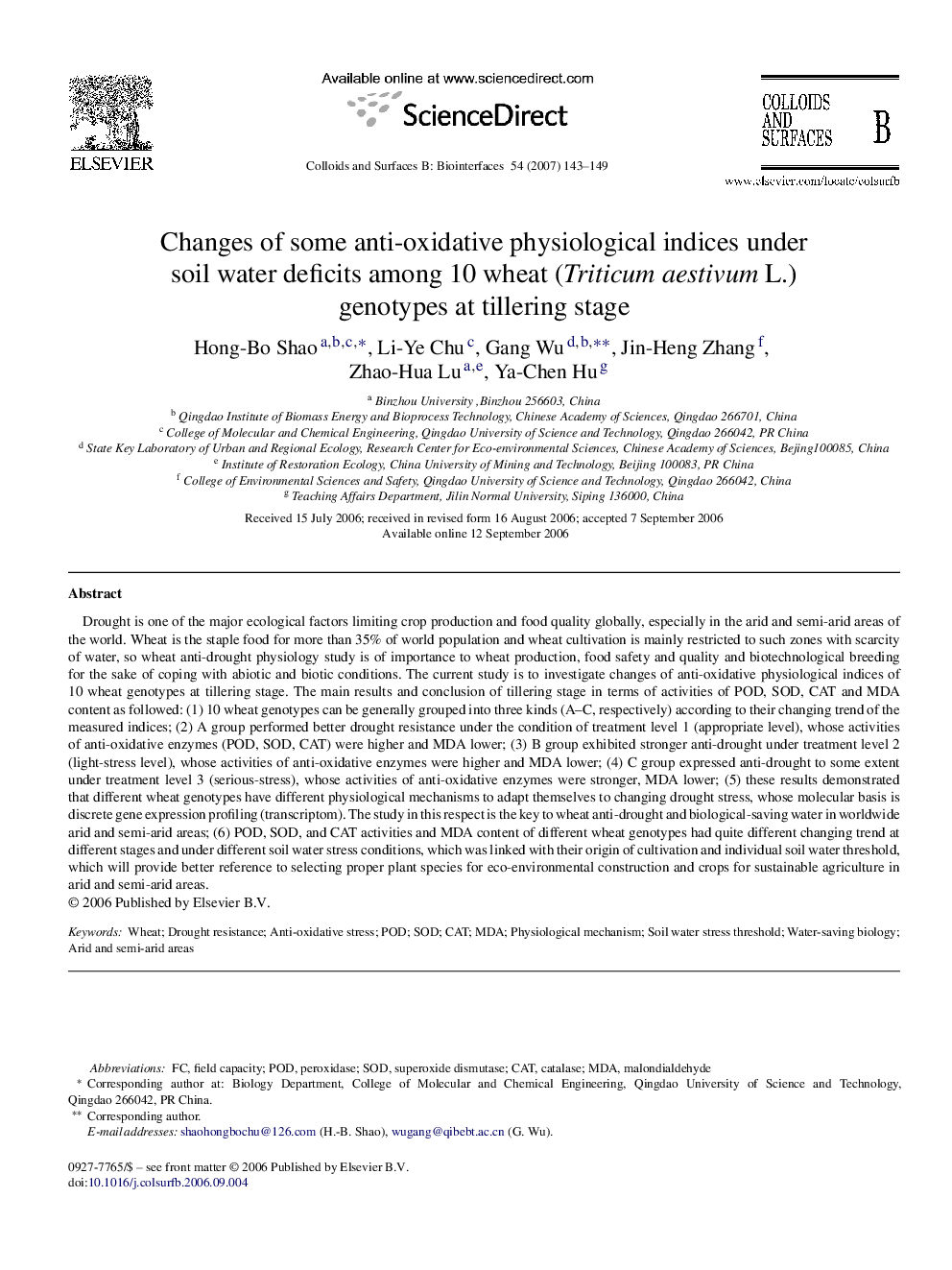 Changes of some anti-oxidative physiological indices under soil water deficits among 10 wheat (Triticum aestivum L.) genotypes at tillering stage