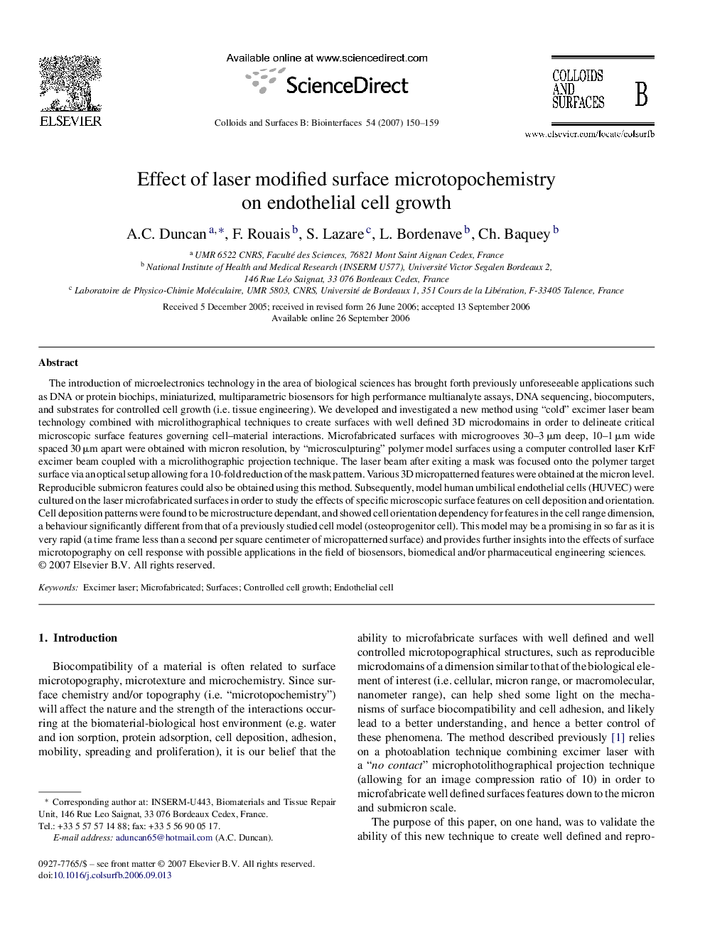 Effect of laser modified surface microtopochemistry on endothelial cell growth