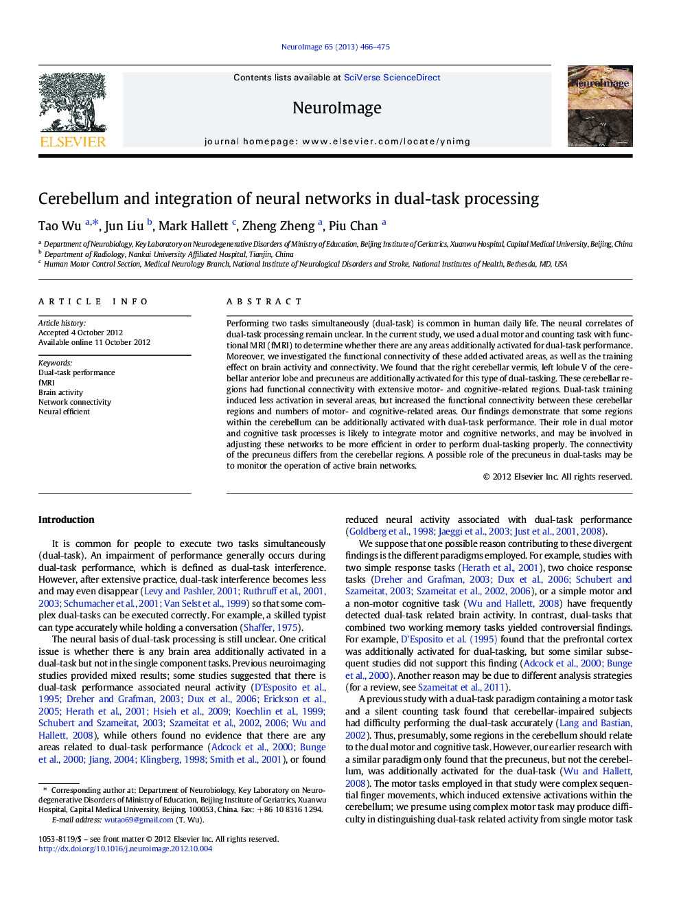 Cerebellum and integration of neural networks in dual-task processing