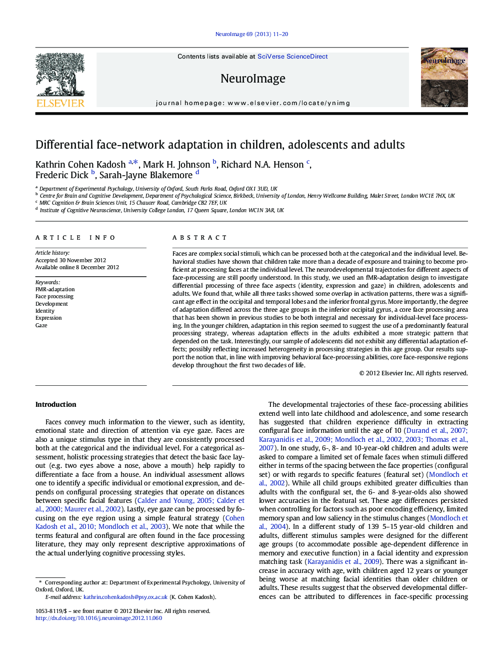 Differential face-network adaptation in children, adolescents and adults