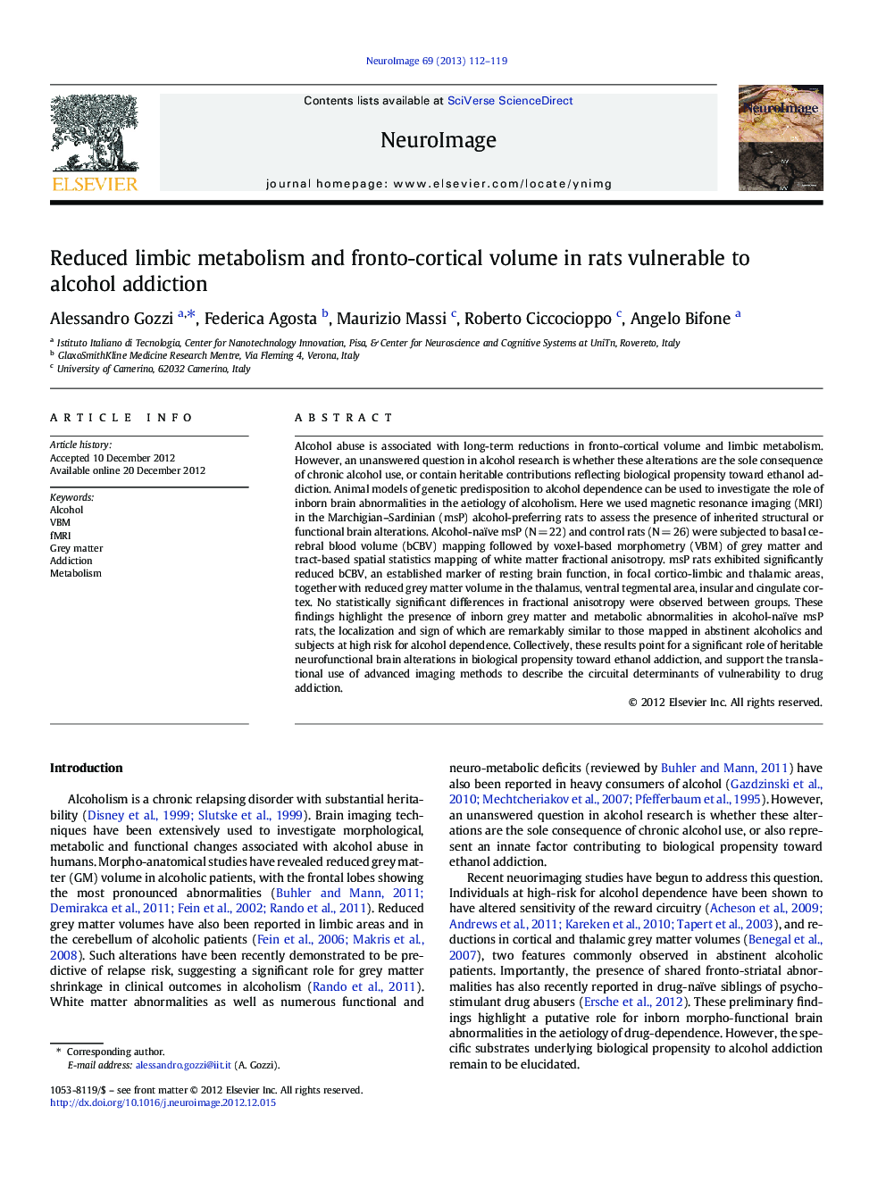 Reduced limbic metabolism and fronto-cortical volume in rats vulnerable to alcohol addiction