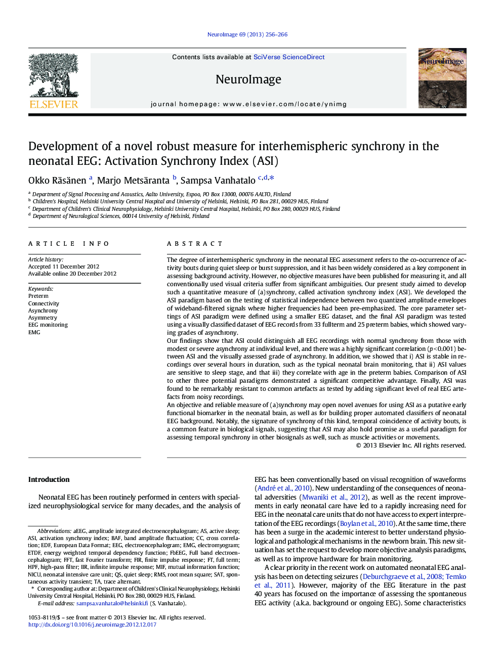 Development of a novel robust measure for interhemispheric synchrony in the neonatal EEG: Activation Synchrony Index (ASI)