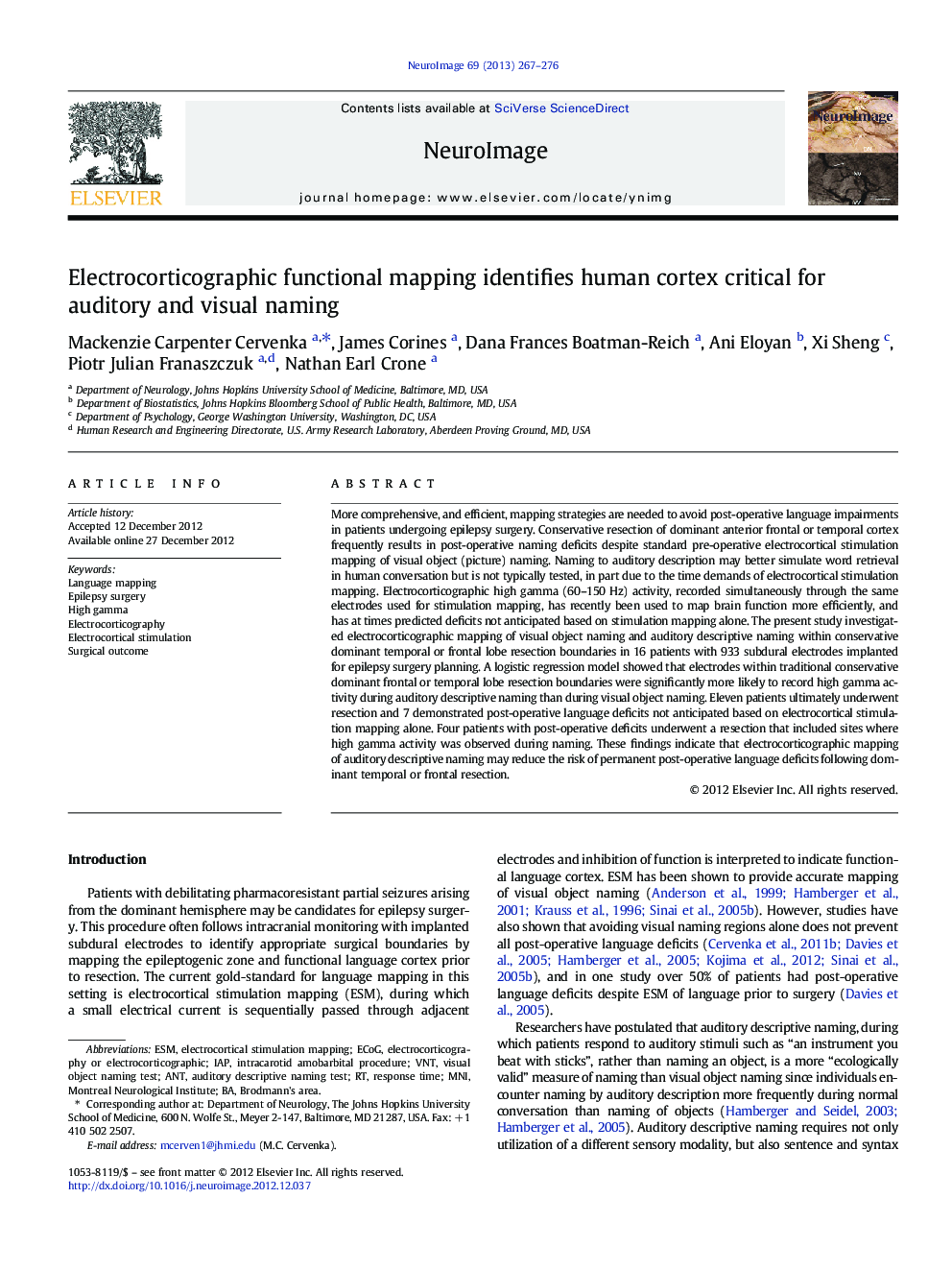 Electrocorticographic functional mapping identifies human cortex critical for auditory and visual naming