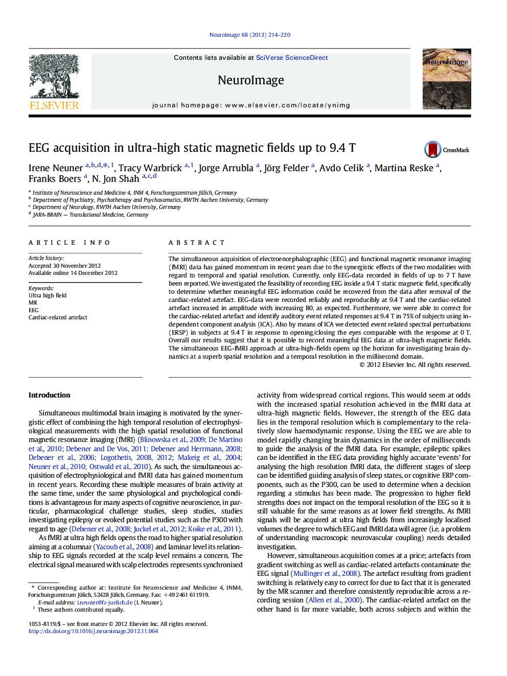 EEG acquisition in ultra-high static magnetic fields up to 9.4Â T