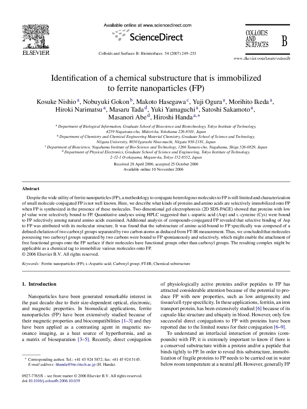 Identification of a chemical substructure that is immobilized to ferrite nanoparticles (FP)