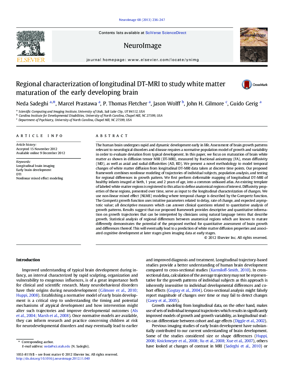 Regional characterization of longitudinal DT-MRI to study white matter maturation of the early developing brain