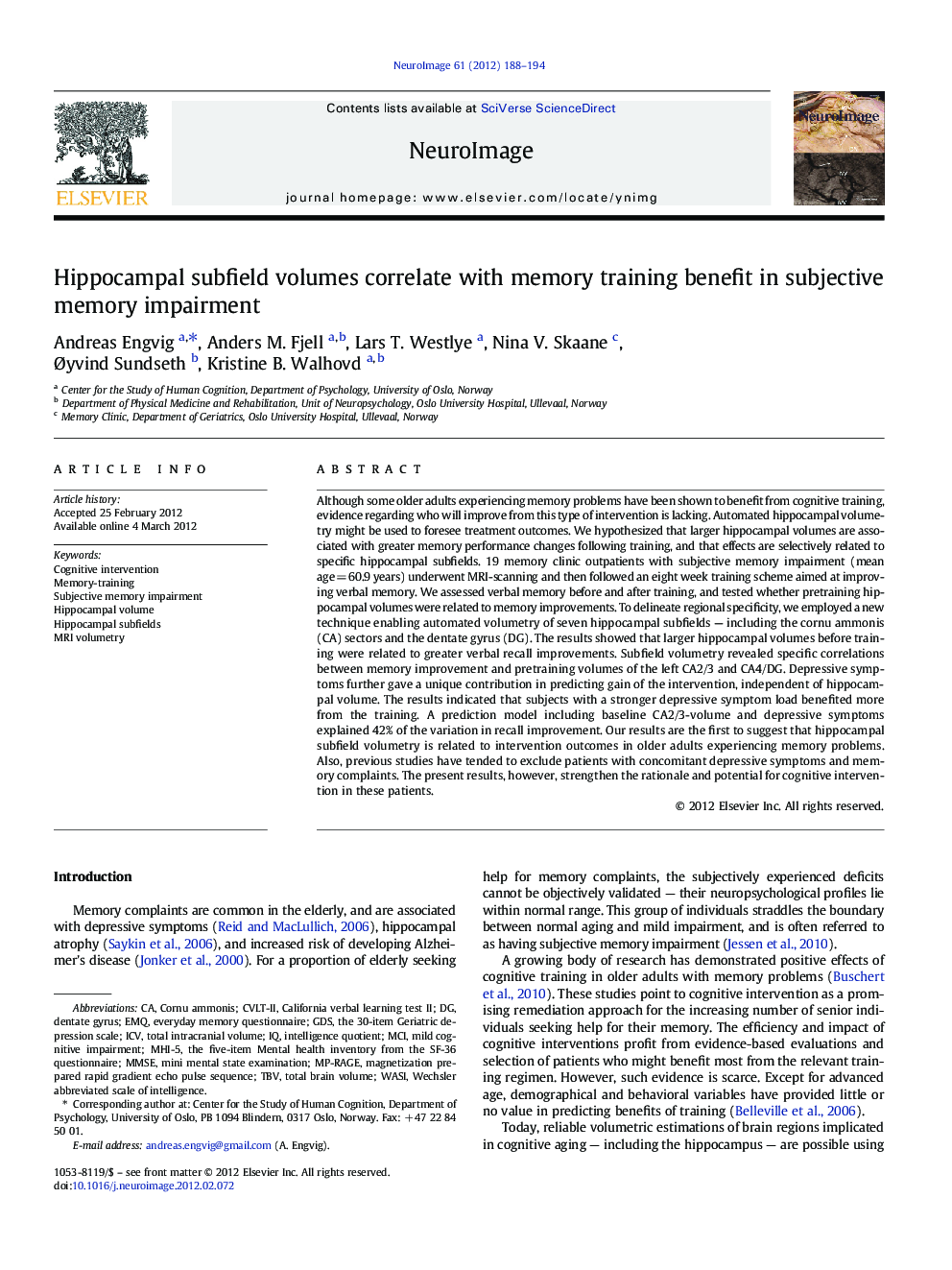 Hippocampal subfield volumes correlate with memory training benefit in subjective memory impairment