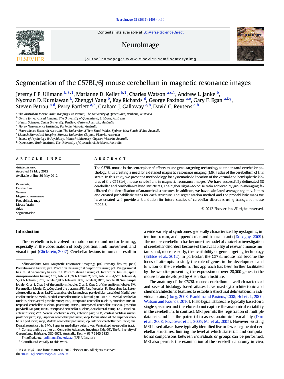 Segmentation of the C57BL/6J mouse cerebellum in magnetic resonance images