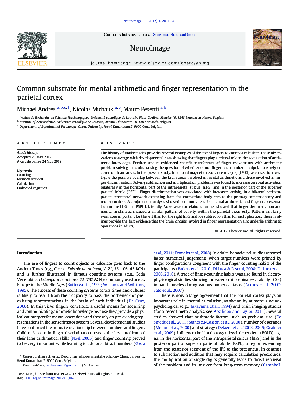 Common substrate for mental arithmetic and finger representation in the parietal cortex