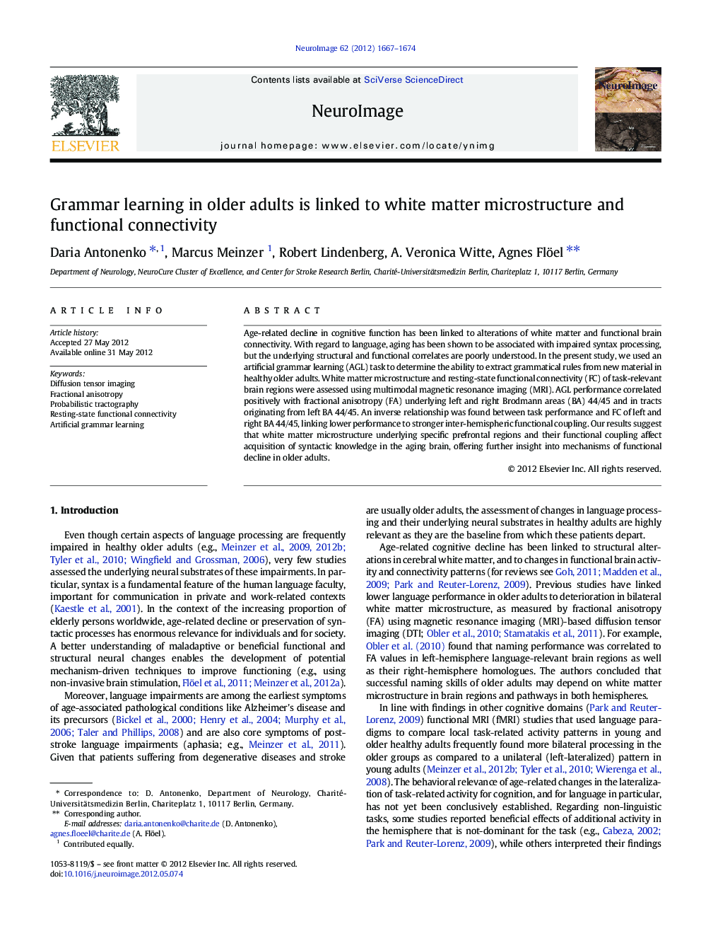 Grammar learning in older adults is linked to white matter microstructure and functional connectivity