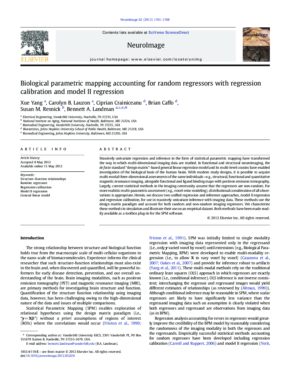 Biological parametric mapping accounting for random regressors with regression calibration and model II regression