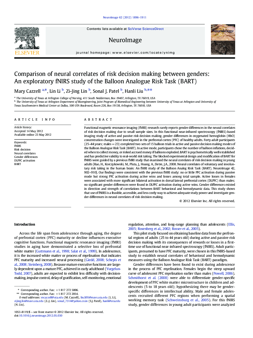 Comparison of neural correlates of risk decision making between genders: An exploratory fNIRS study of the Balloon Analogue Risk Task (BART)