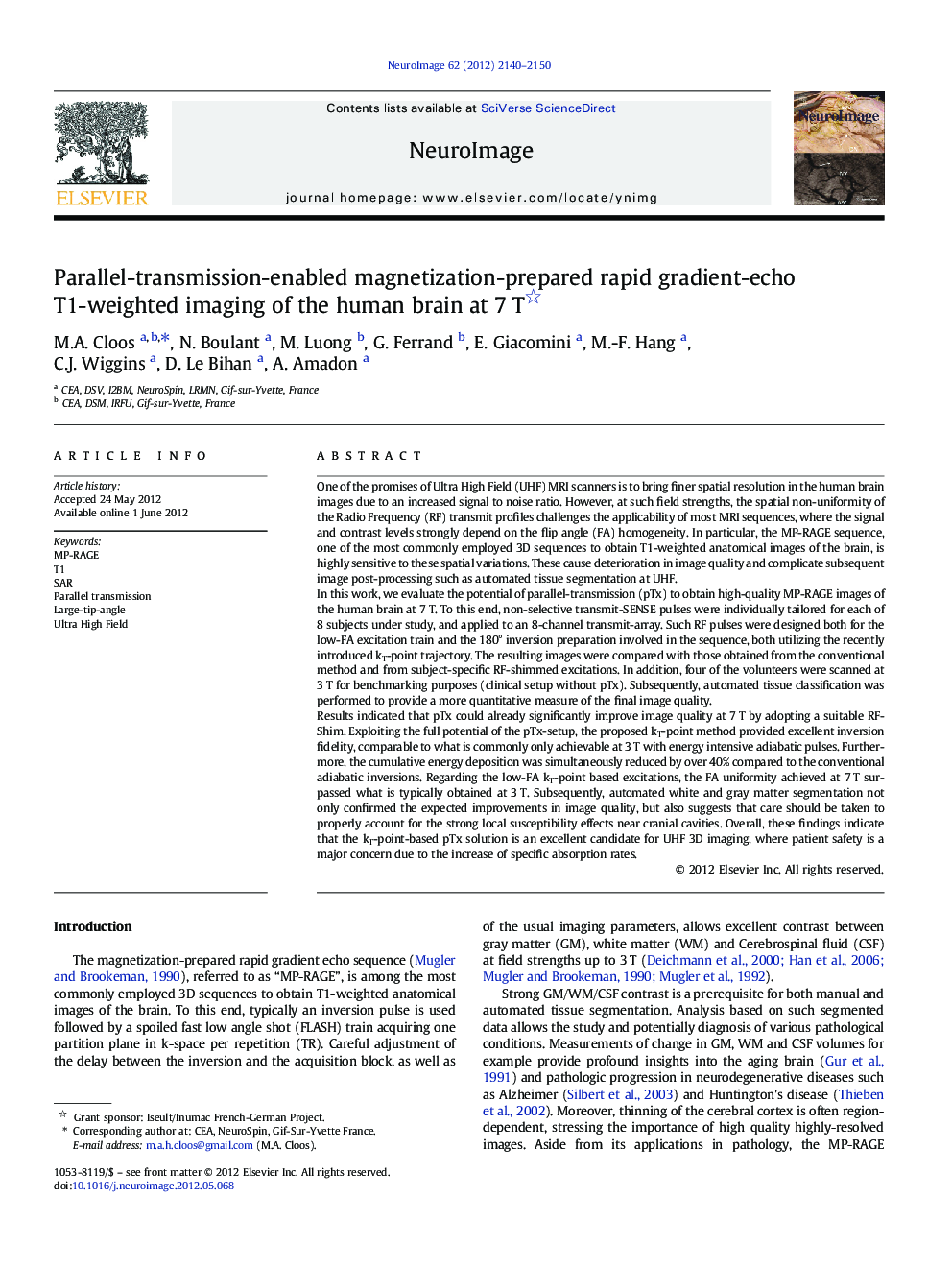 Parallel-transmission-enabled magnetization-prepared rapid gradient-echo T1-weighted imaging of the human brain at 7Â T