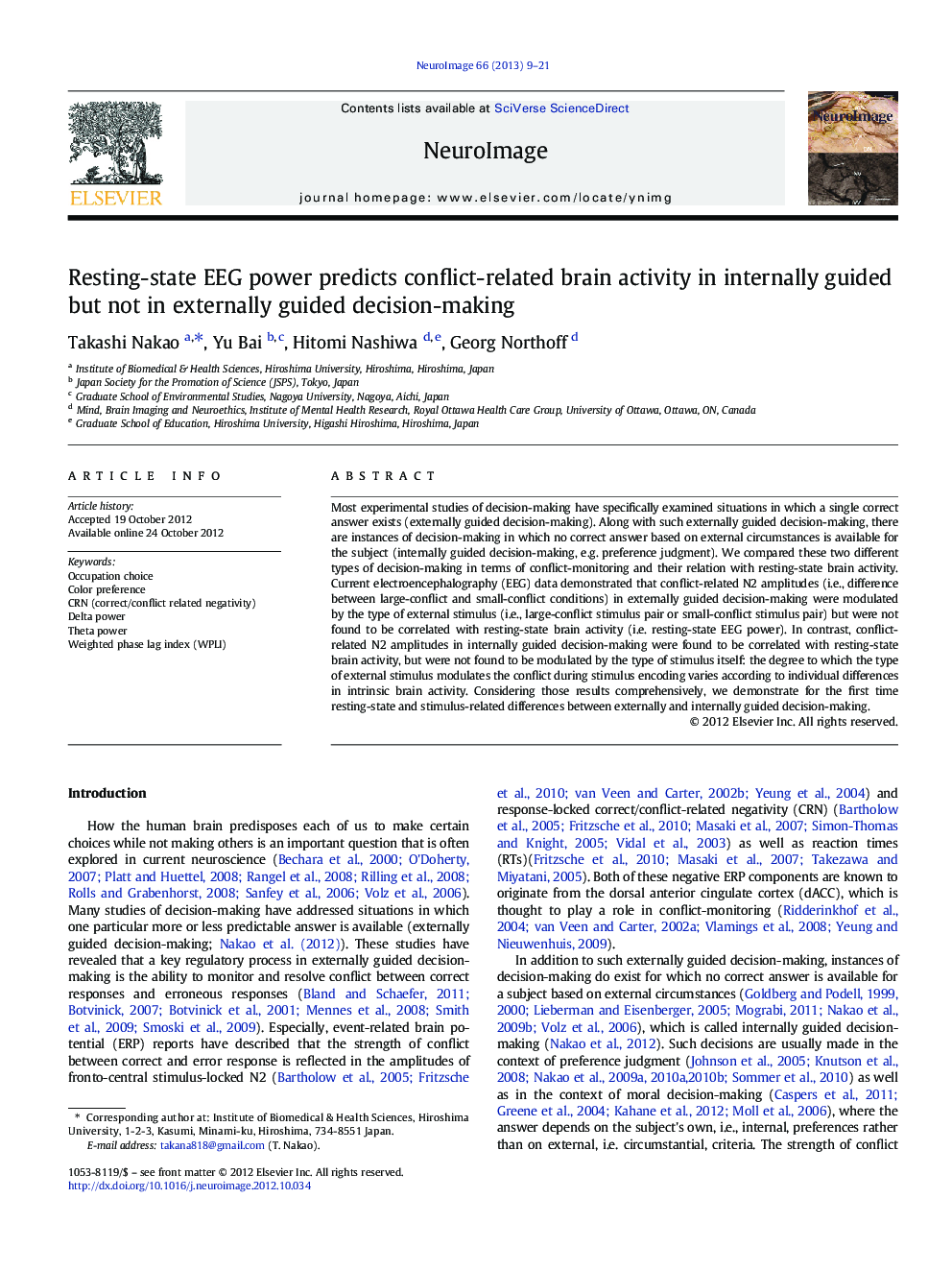 Resting-state EEG power predicts conflict-related brain activity in internally guided but not in externally guided decision-making