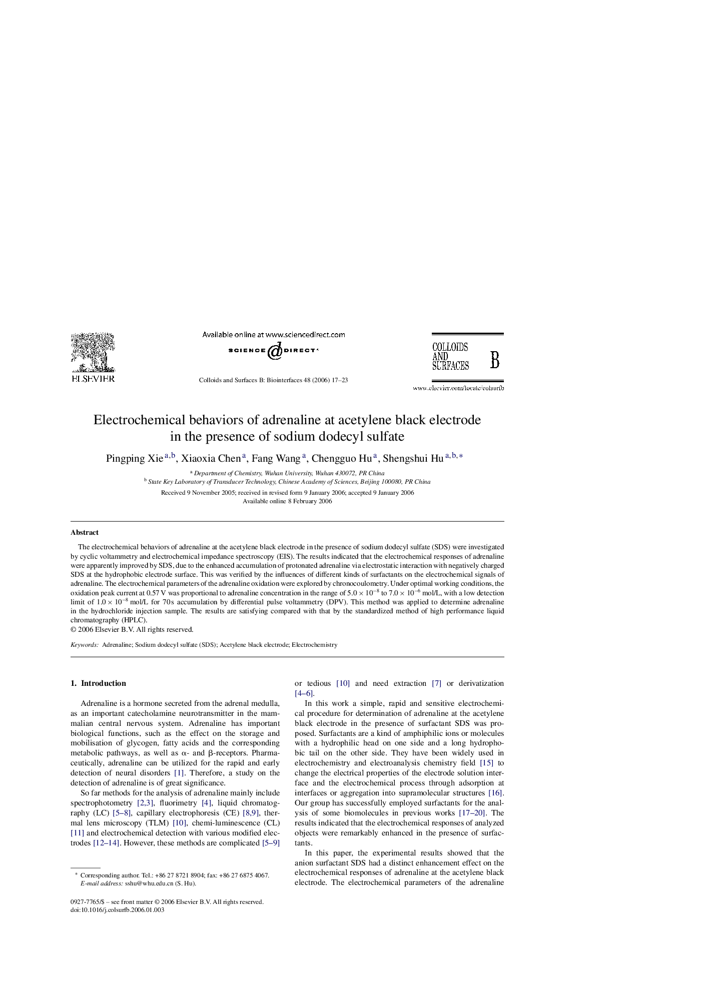 Electrochemical behaviors of adrenaline at acetylene black electrode in the presence of sodium dodecyl sulfate