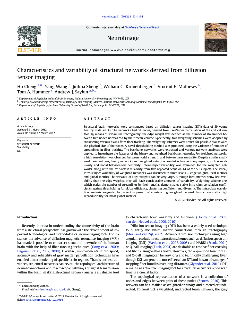 Characteristics and variability of structural networks derived from diffusion tensor imaging