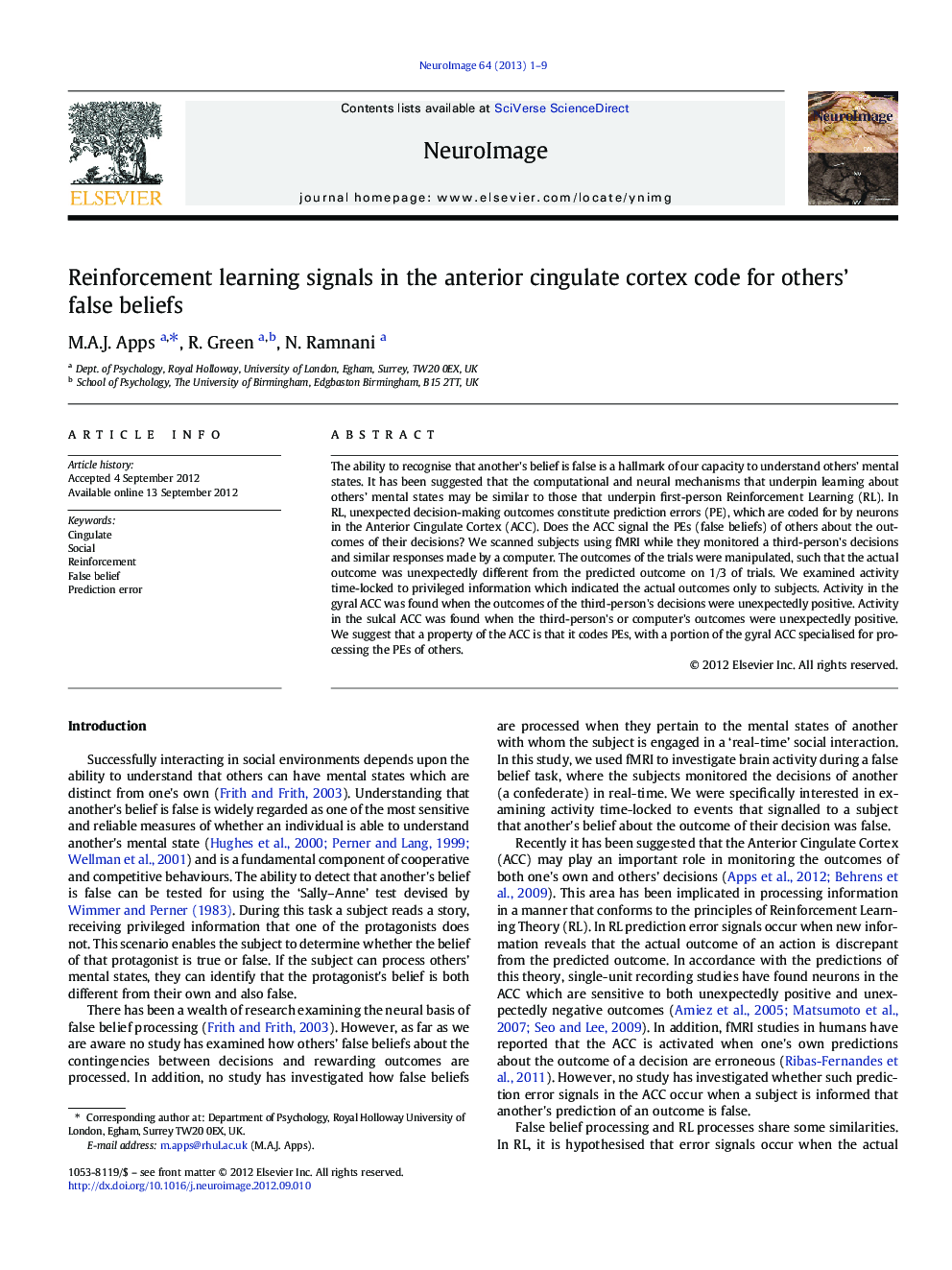 Reinforcement learning signals in the anterior cingulate cortex code for others' false beliefs