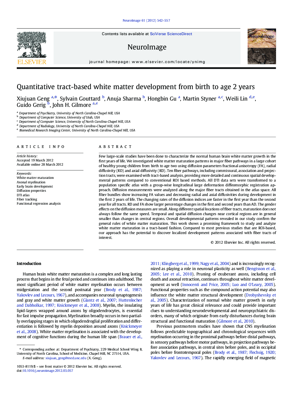 Quantitative tract-based white matter development from birth to age 2Â years