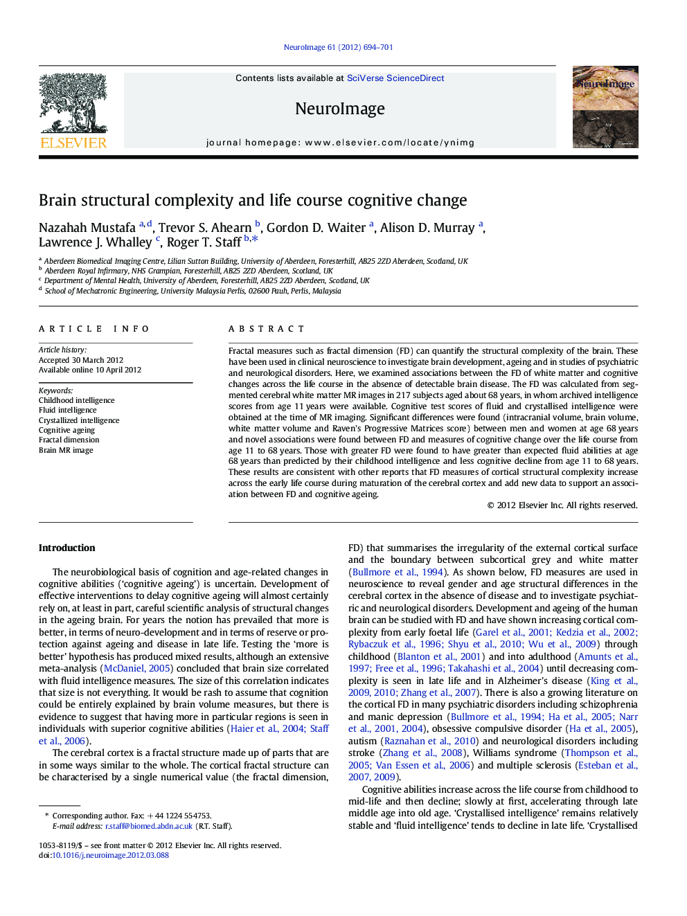 عکس صفحه اول مقاله: Brain structural complexity and life course cognitive change Brain structural complexity and life course cognitive change