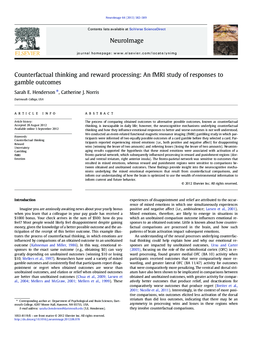 Counterfactual thinking and reward processing: An fMRI study of responses to gamble outcomes