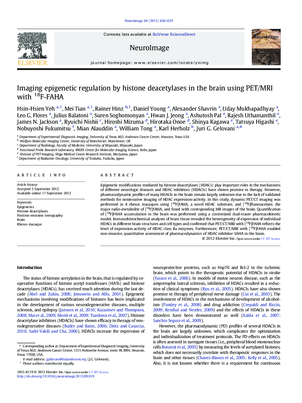 Full Length ArticlesImaging epigenetic regulation by histone deacetylases in the brain using PET/MRI with 18F-FAHA