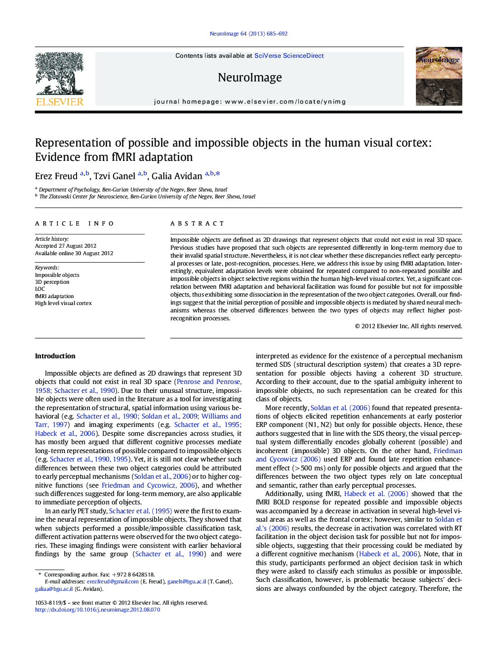 Representation of possible and impossible objects in the human visual cortex: Evidence from fMRI adaptation