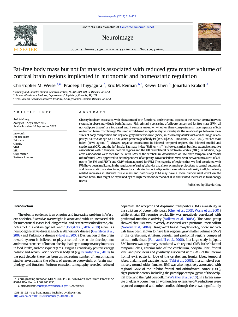 Fat-free body mass but not fat mass is associated with reduced gray matter volume of cortical brain regions implicated in autonomic and homeostatic regulation