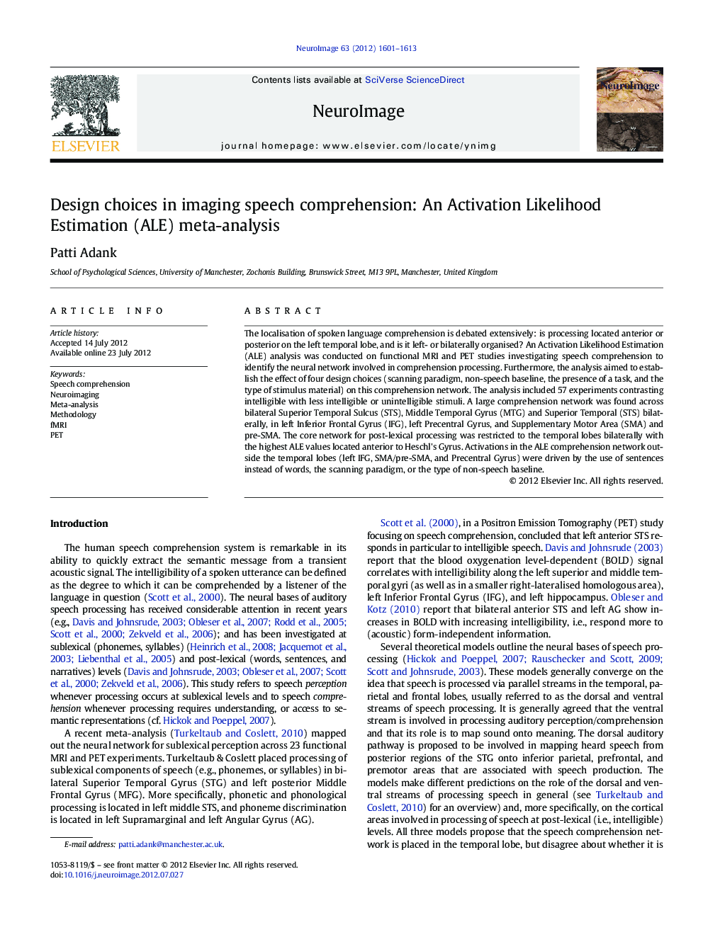 Design choices in imaging speech comprehension: An Activation Likelihood Estimation (ALE) meta-analysis