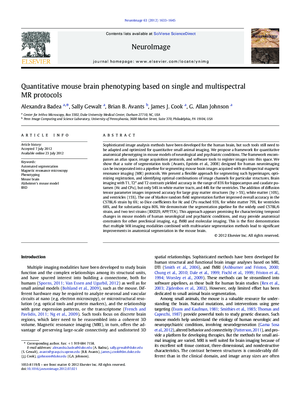 Quantitative mouse brain phenotyping based on single and multispectral MR protocols