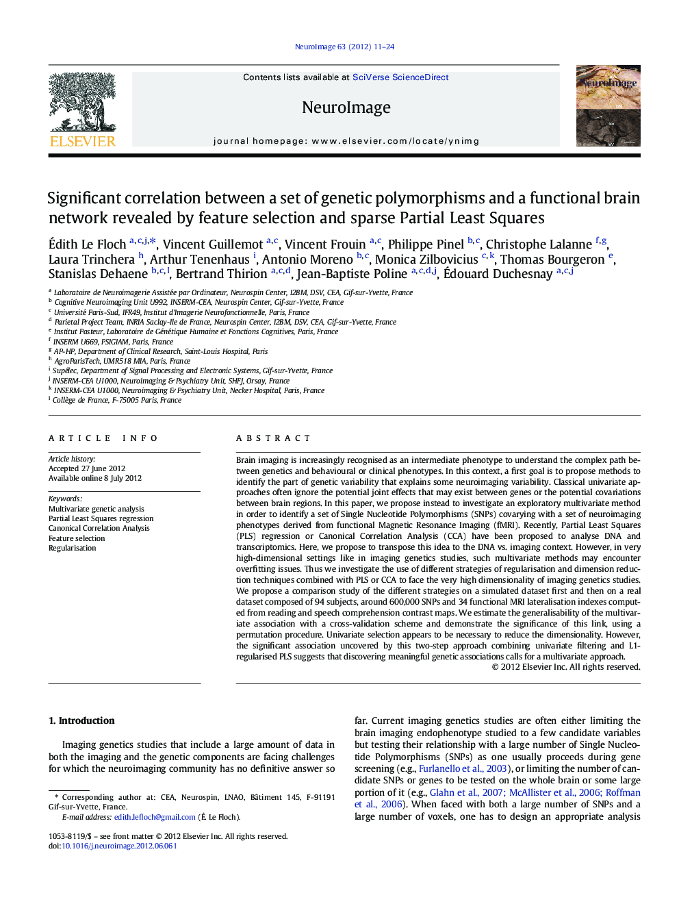 Significant correlation between a set of genetic polymorphisms and a functional brain network revealed by feature selection and sparse Partial Least Squares