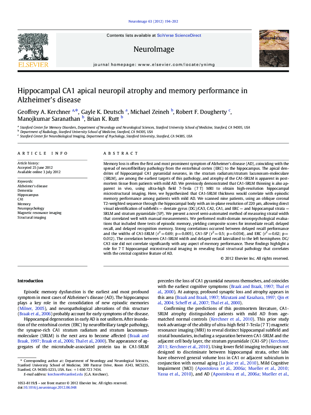 Hippocampal CA1 apical neuropil atrophy and memory performance in Alzheimer's disease