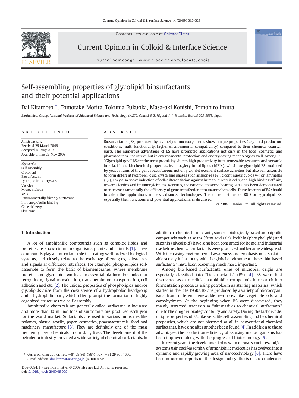 Self-assembling properties of glycolipid biosurfactants and their potential applications