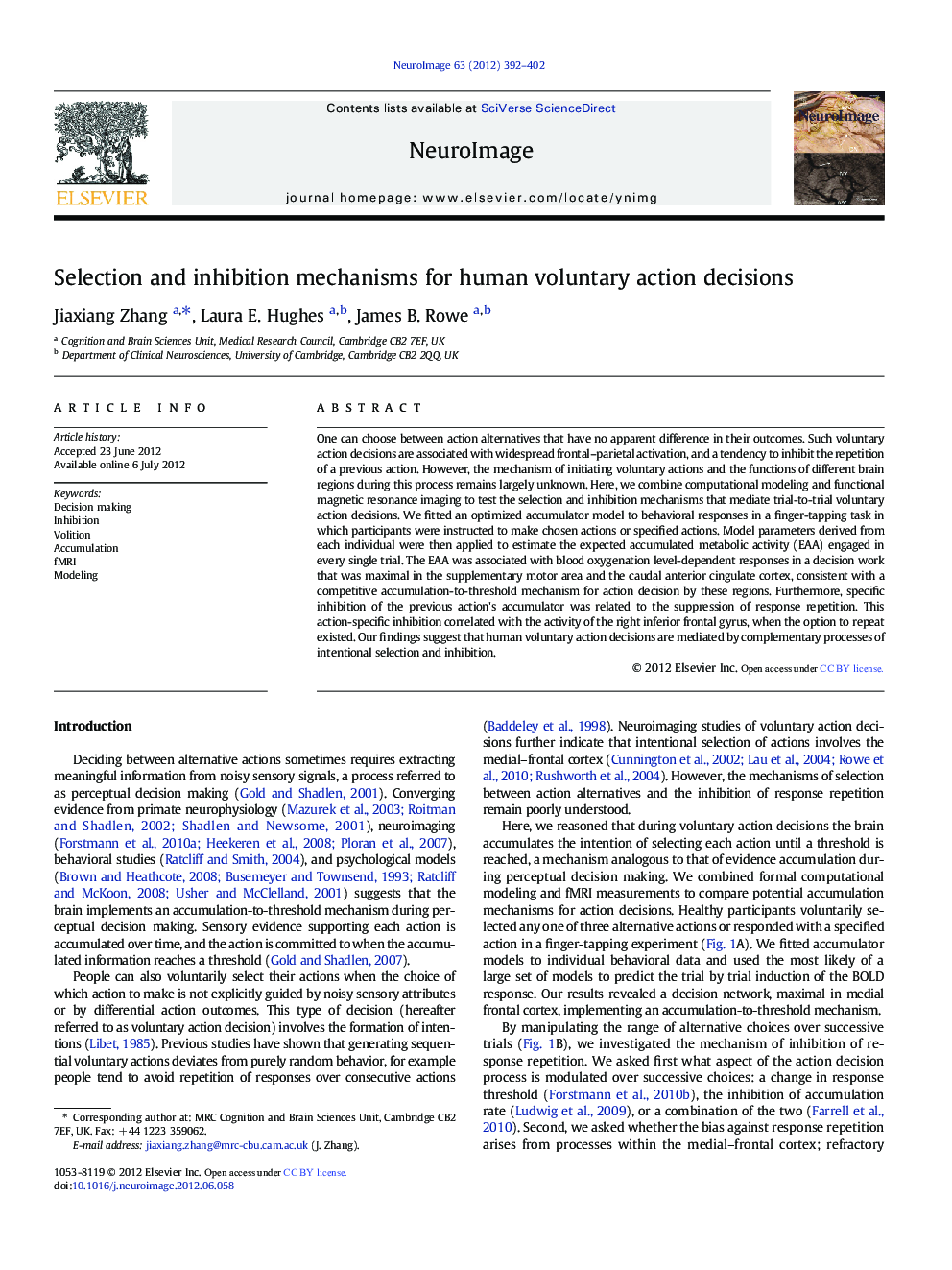 Selection and inhibition mechanisms for human voluntary action decisions