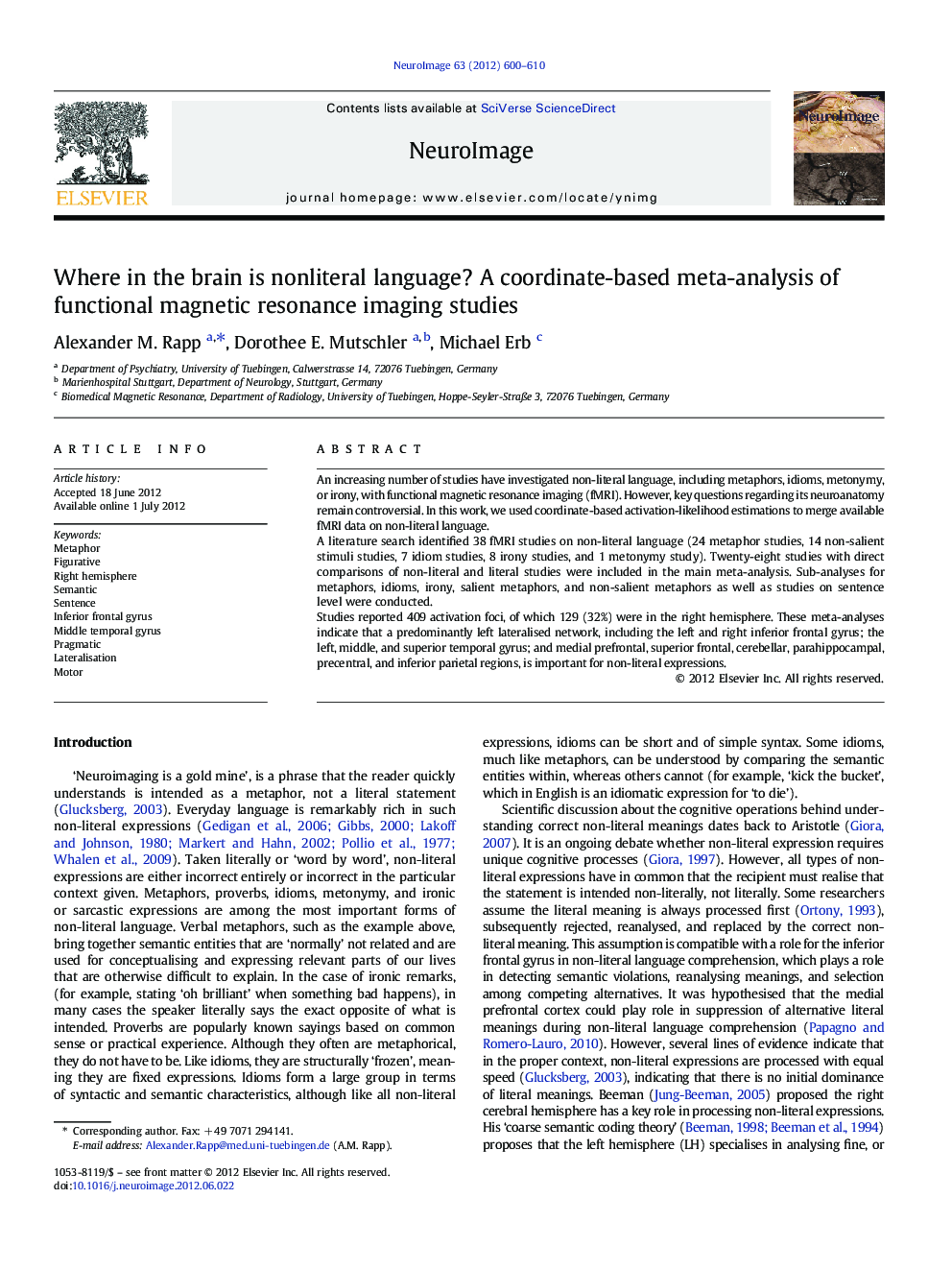 Where in the brain is nonliteral language? A coordinate-based meta-analysis of functional magnetic resonance imaging studies