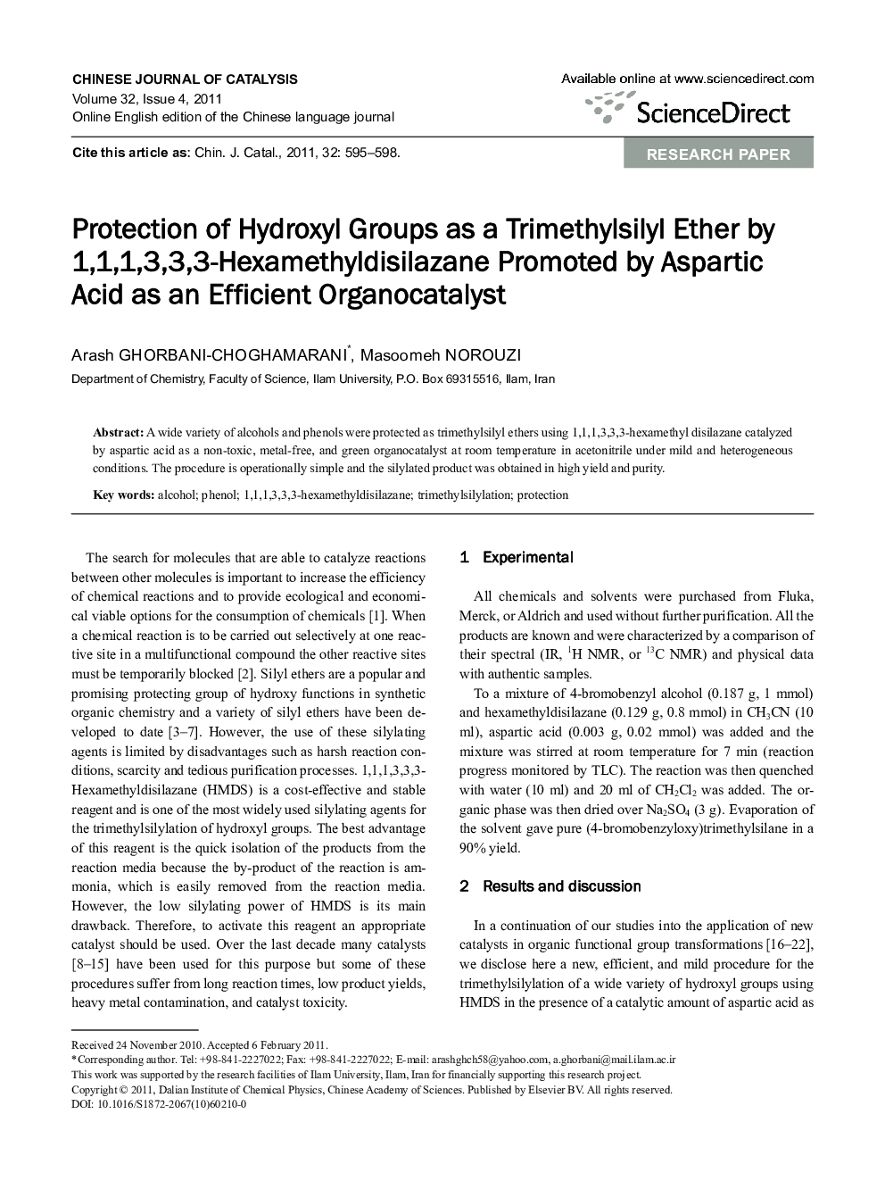 Protection of Hydroxyl Groups as a Trimethylsilyl Ether by 1,1,1,3,3,3-Hexamethyldisilazane Promoted by Aspartic Acid as an Efficient Organocatalyst 