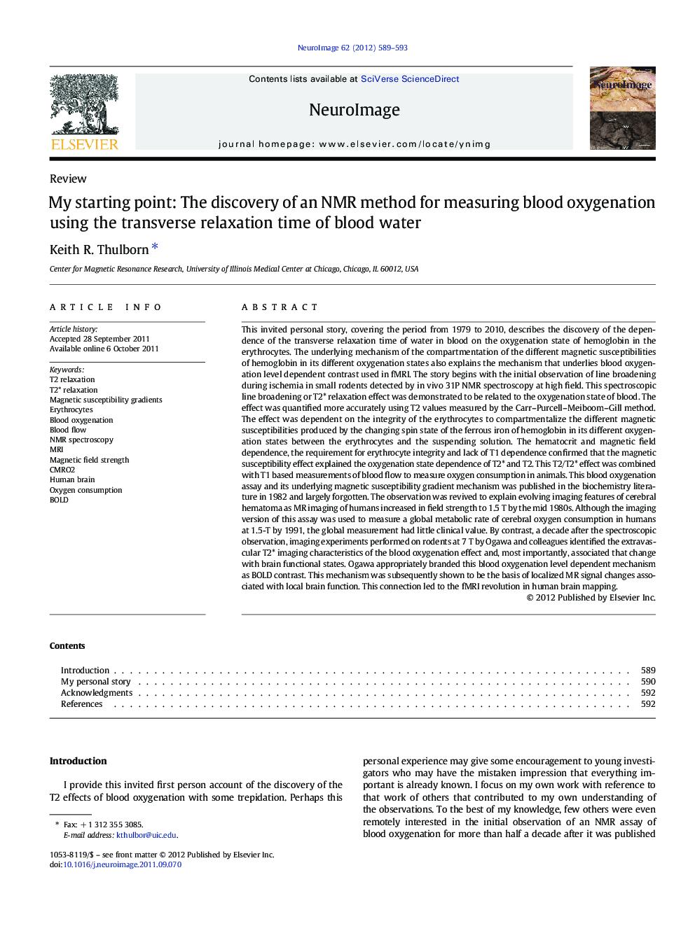 My starting point: The discovery of an NMR method for measuring blood oxygenation using the transverse relaxation time of blood water