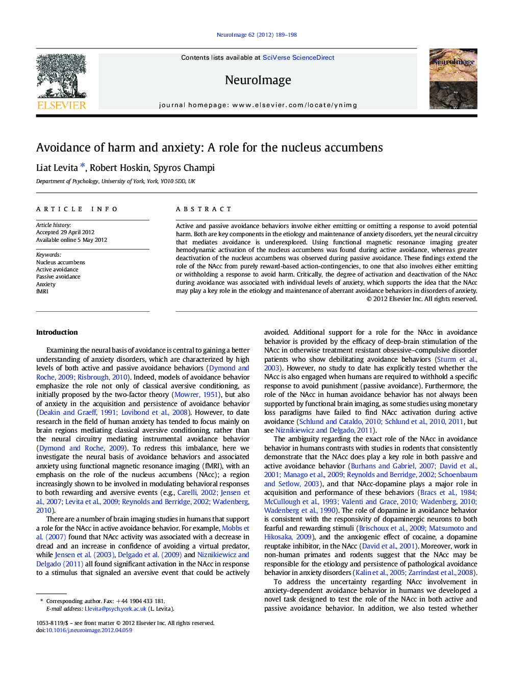 Avoidance of harm and anxiety: A role for the nucleus accumbens