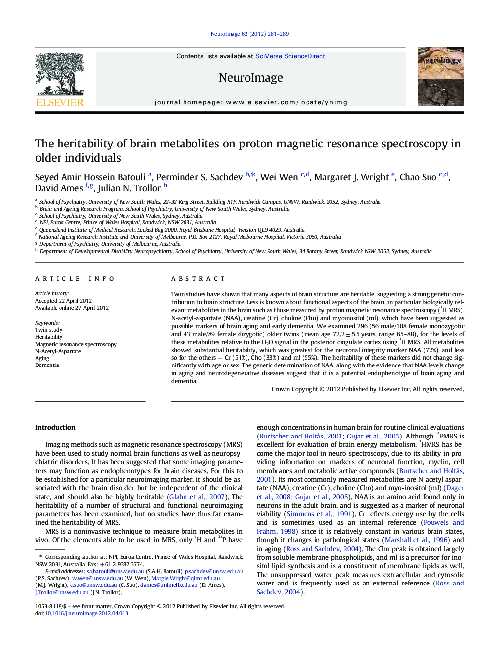 The heritability of brain metabolites on proton magnetic resonance spectroscopy in older individuals