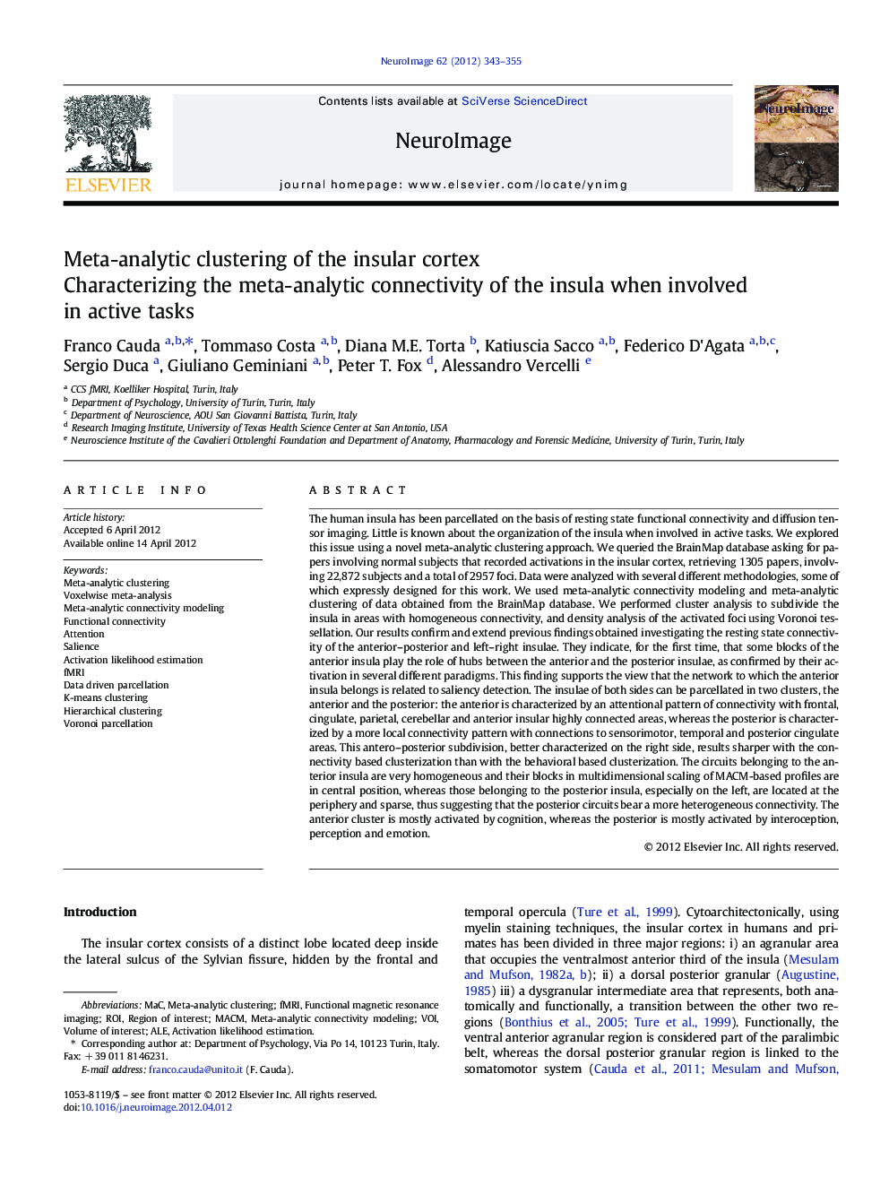 Meta-analytic clustering of the insular cortex