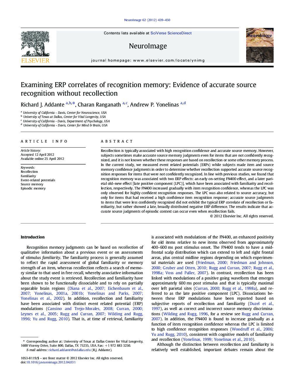 Examining ERP correlates of recognition memory: Evidence of accurate source recognition without recollection