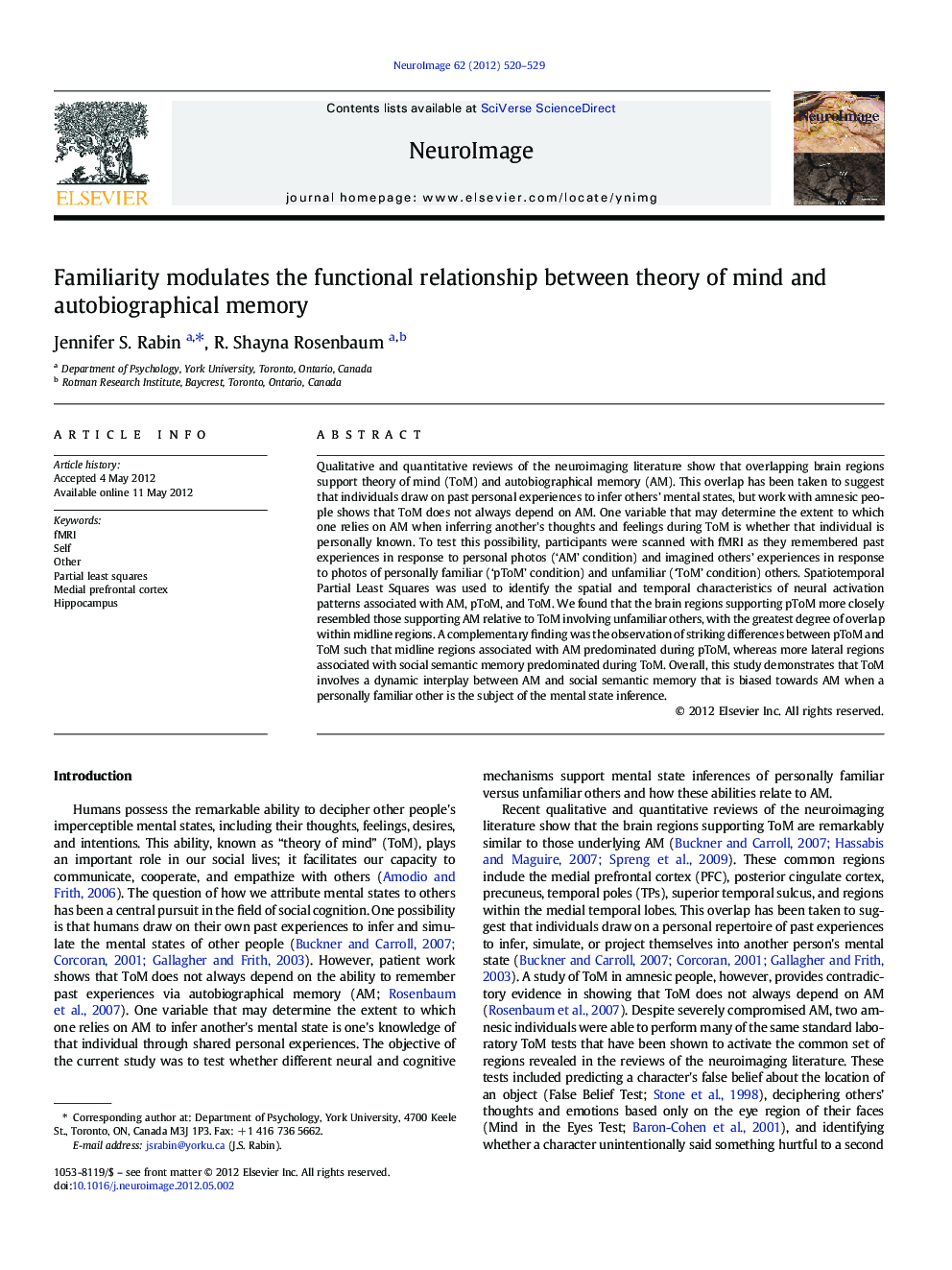 Familiarity modulates the functional relationship between theory of mind and autobiographical memory