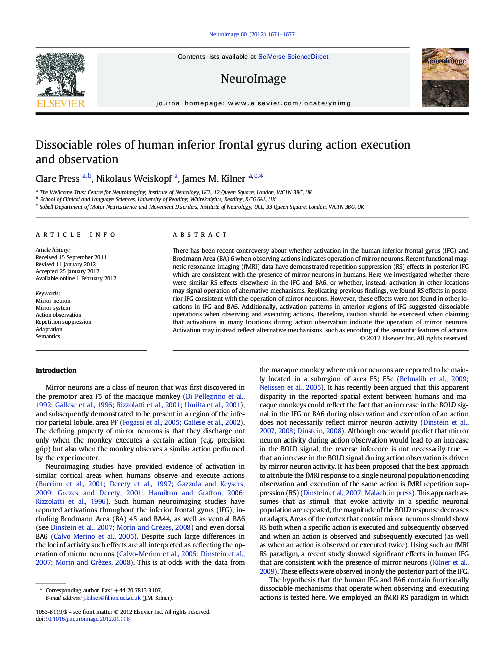 Dissociable roles of human inferior frontal gyrus during action execution and observation