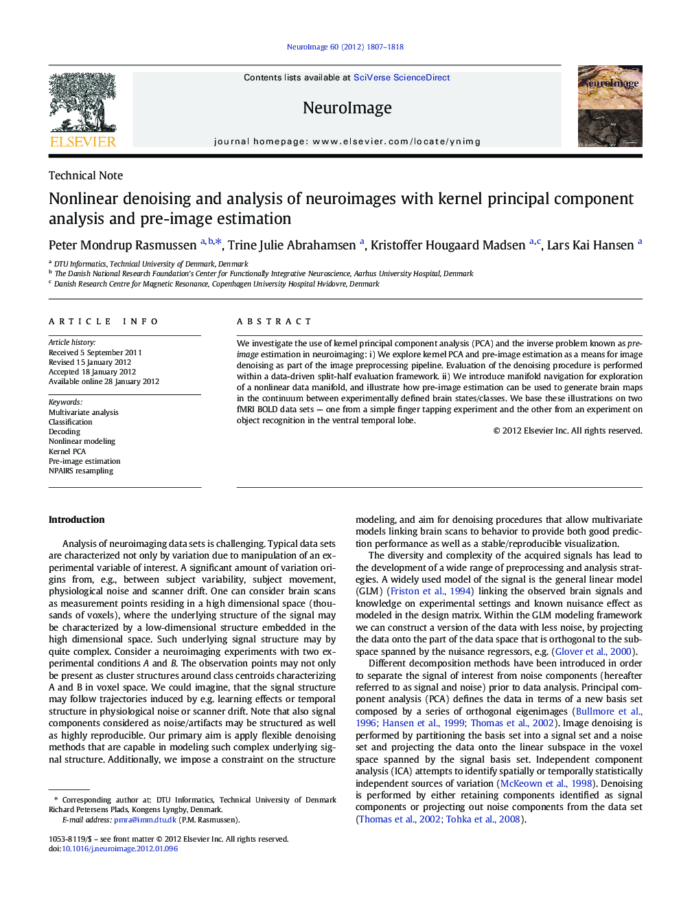 Nonlinear denoising and analysis of neuroimages with kernel principal component analysis and pre-image estimation