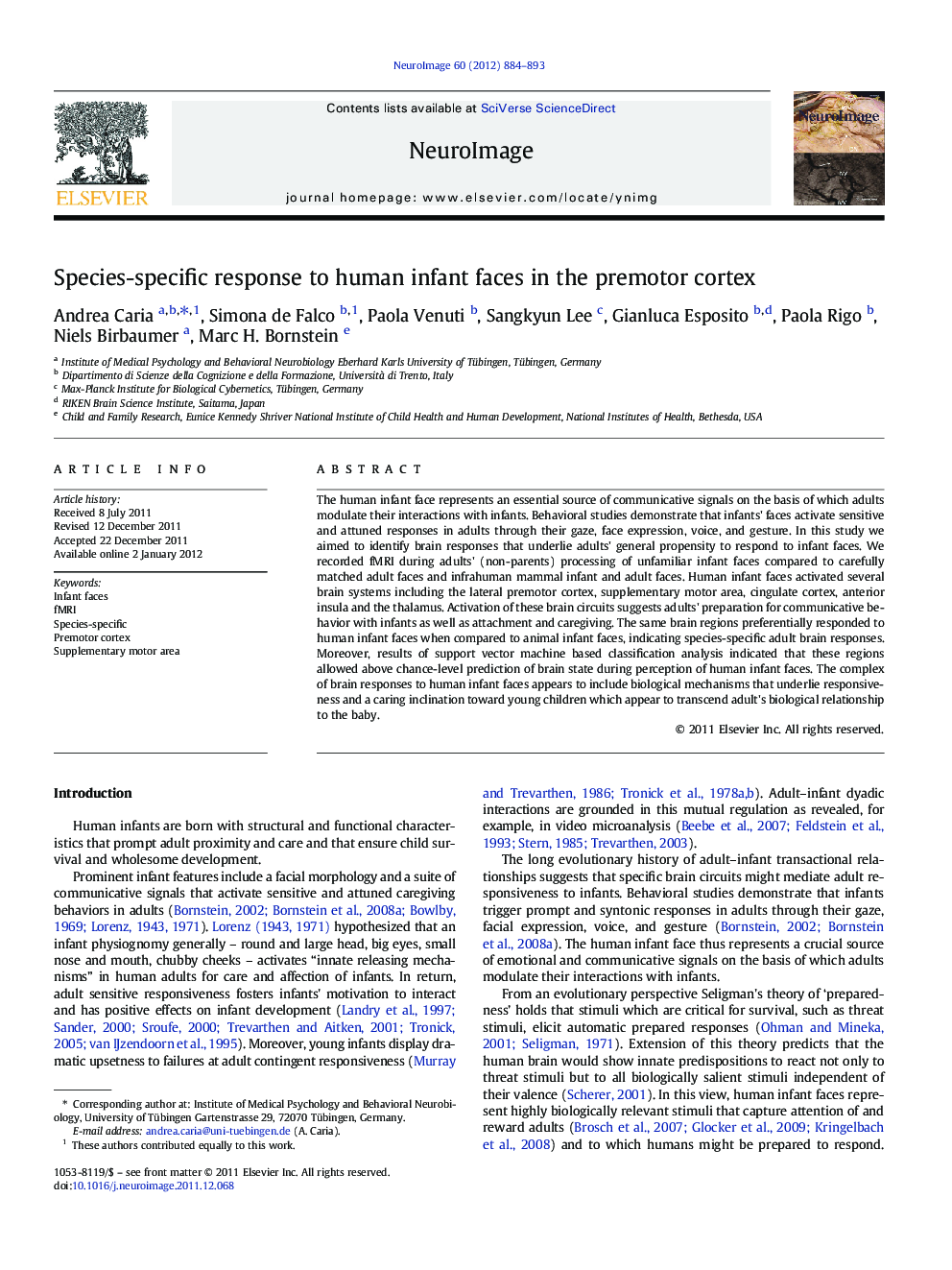 Species-specific response to human infant faces in the premotor cortex