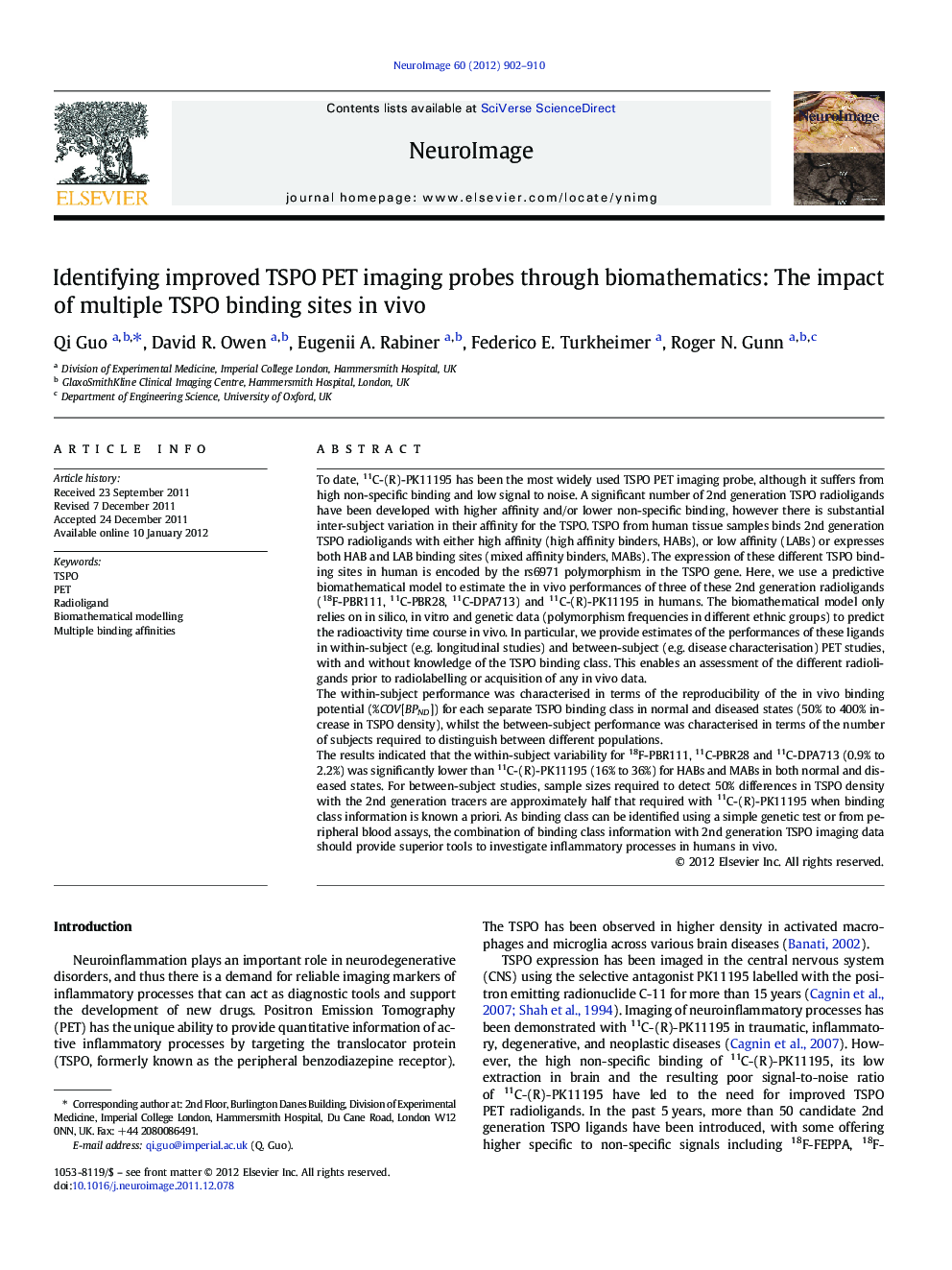 Identifying improved TSPO PET imaging probes through biomathematics: The impact of multiple TSPO binding sites in vivo