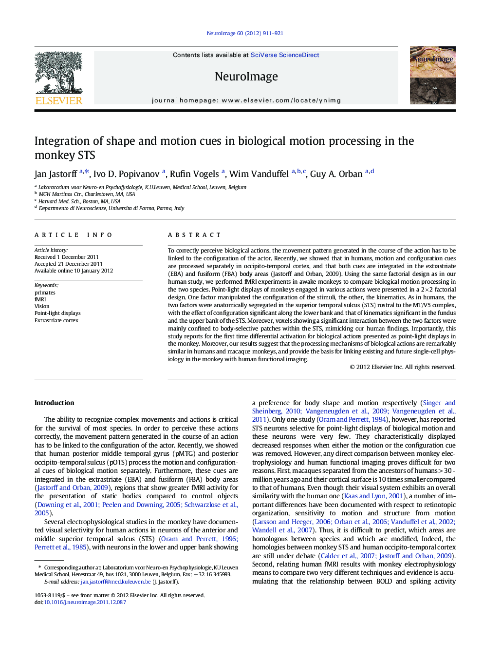 Integration of shape and motion cues in biological motion processing in the monkey STS