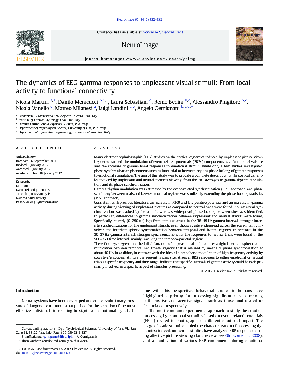 The dynamics of EEG gamma responses to unpleasant visual stimuli: From local activity to functional connectivity